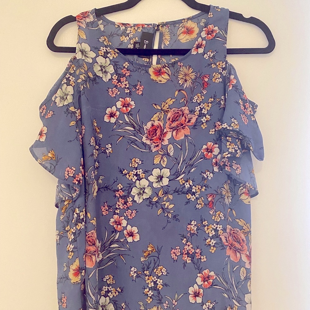 Blue Floral Blouse Cold Shoulder Top